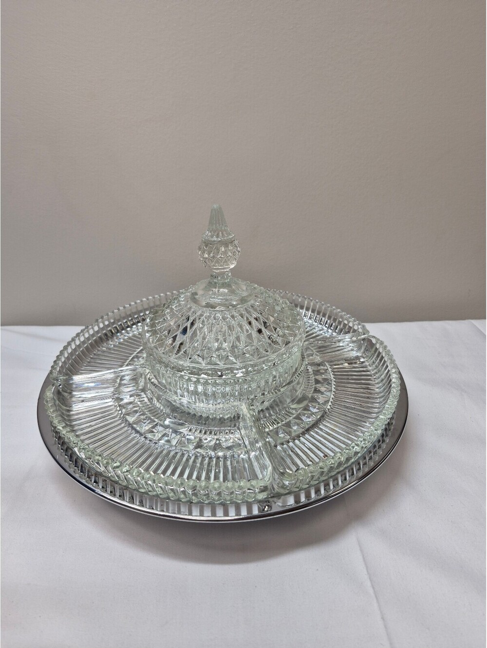 Vintage Kromex Glass and Metal Covered Serving Tray with Divided Sections J52